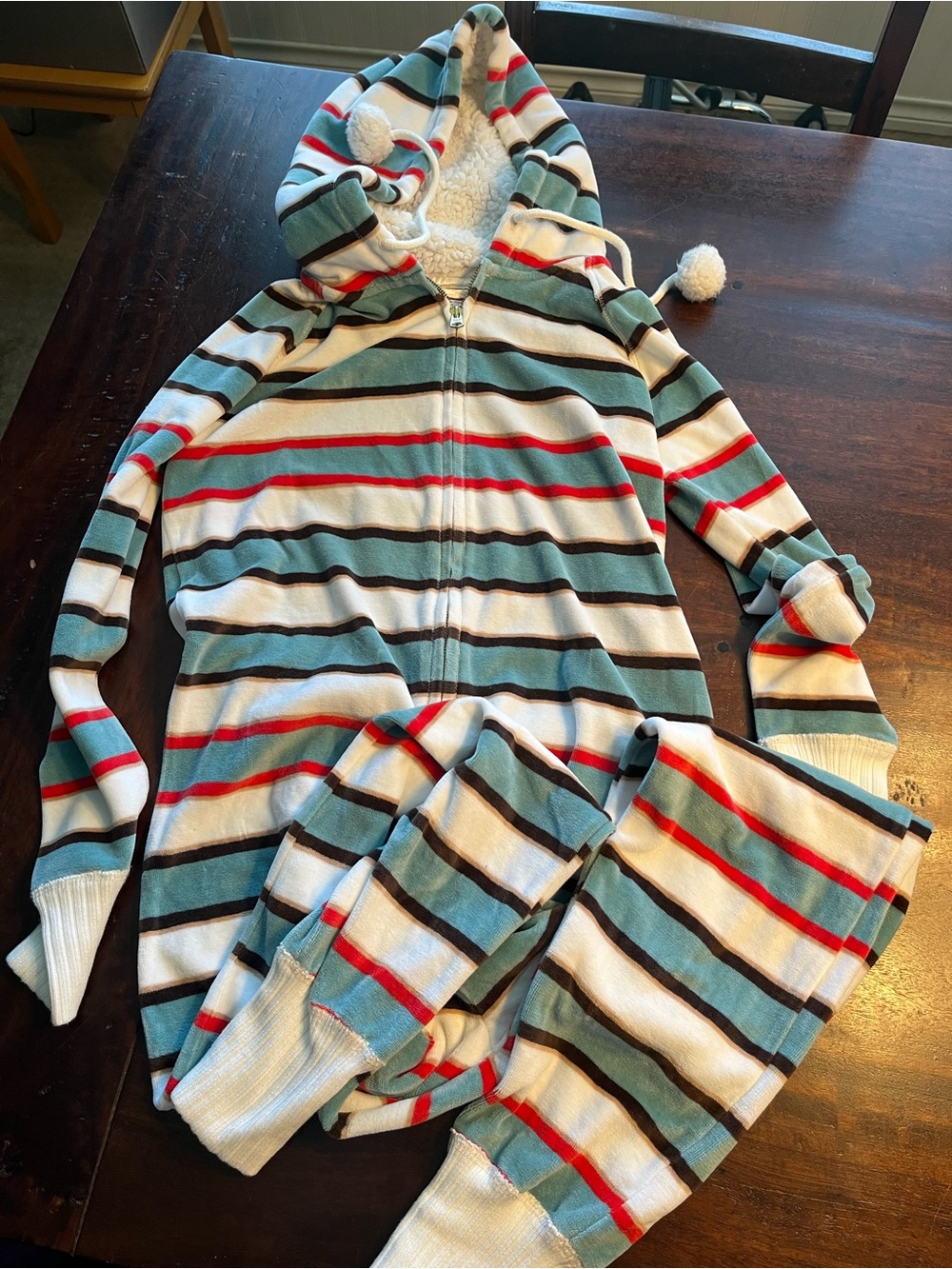Abercrombie & Fitch Striped Hooded Onesie in Teal, Red, Black & White